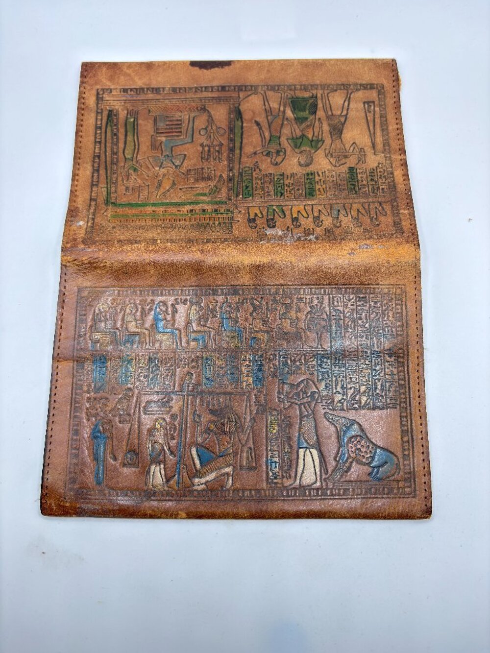 Vintage Brown Handmade Egyptian Leather Wallet Embossed With Hieroglyphics